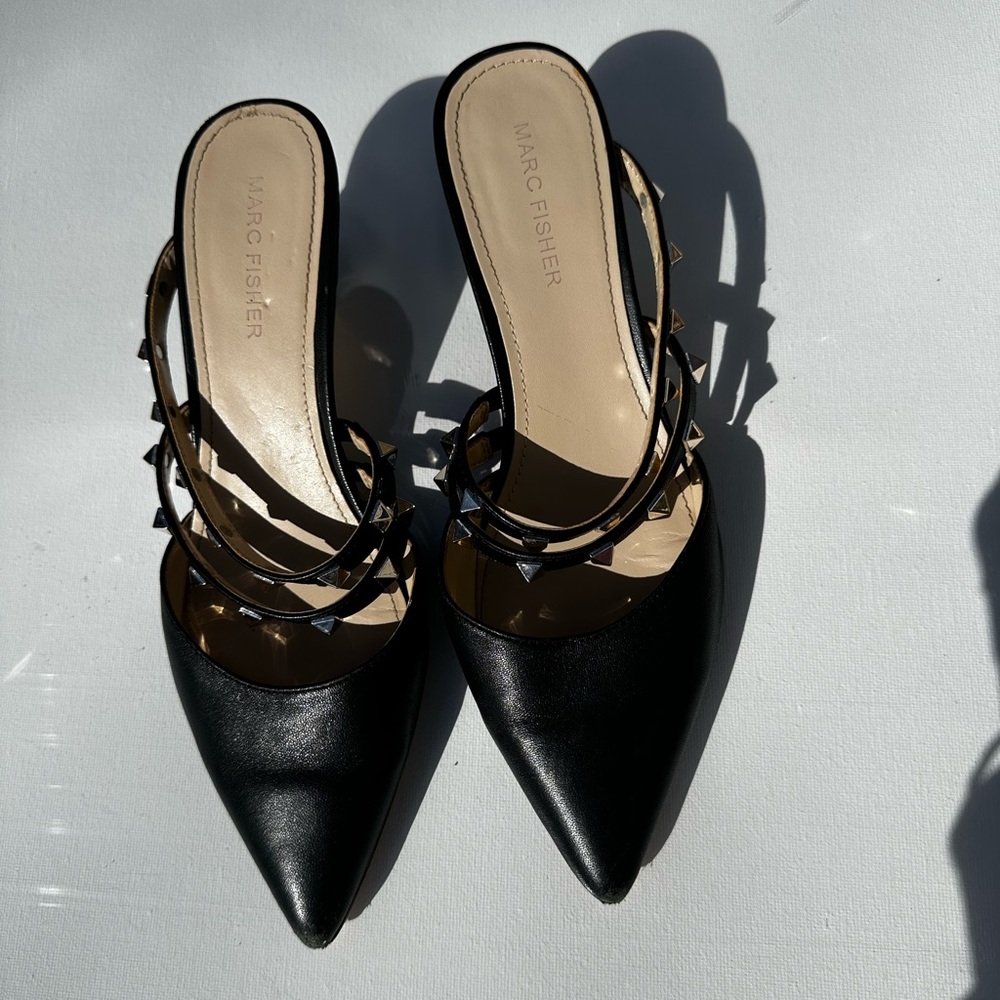 Marc Fisher Black Pointed-Toe Studded Slide Mules Size 7.5M